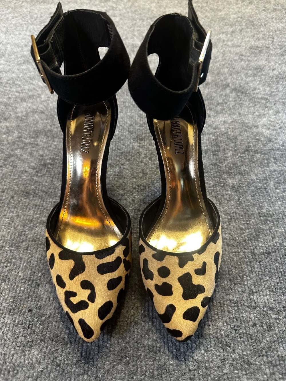 Leopard Print Calf Hair Ankle Strap Heels Size 6.5 Glam Mob Wife Luxury Party